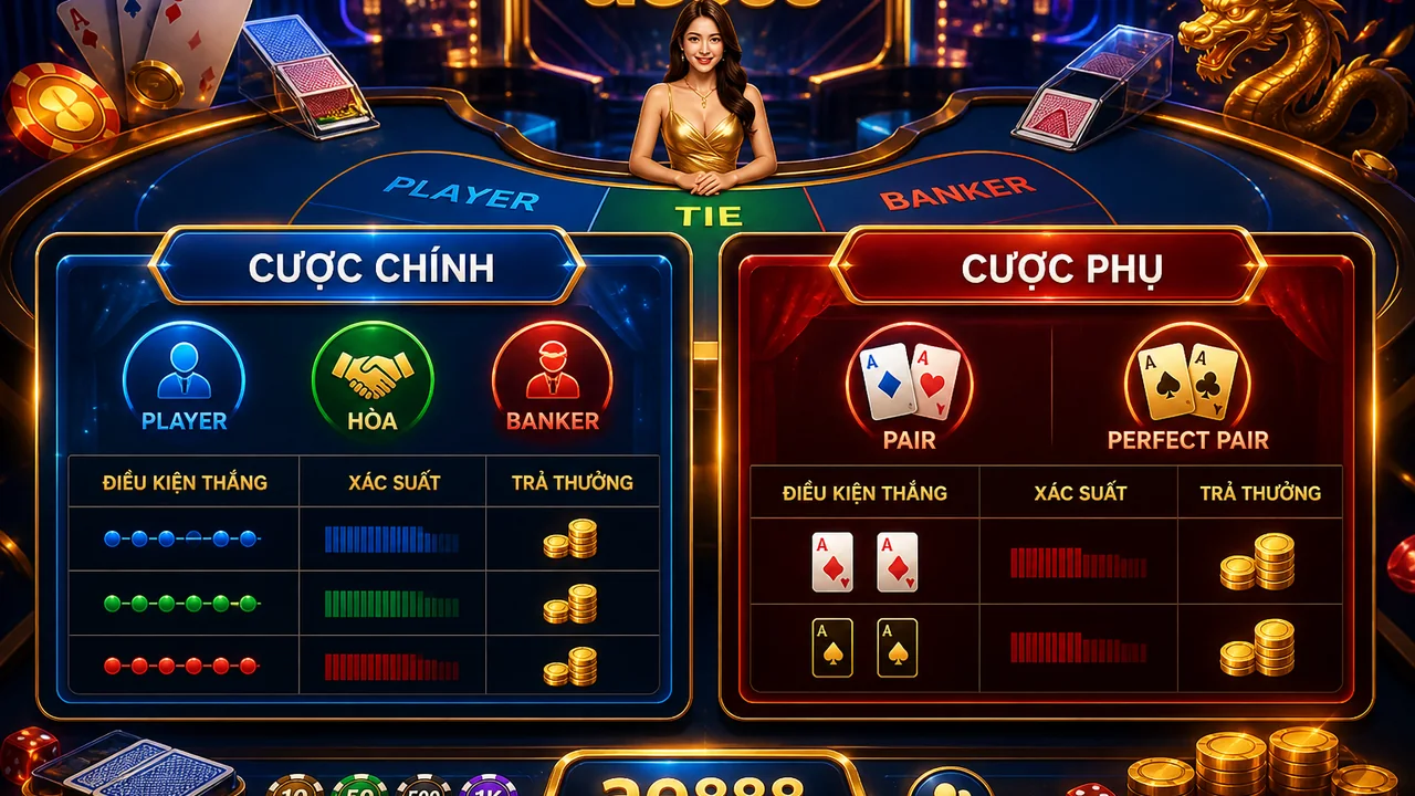 Cược phụ baccarat có dễ thắng hơn không? Đối chiếu luật, trả thưởng và xác suất trên ae888